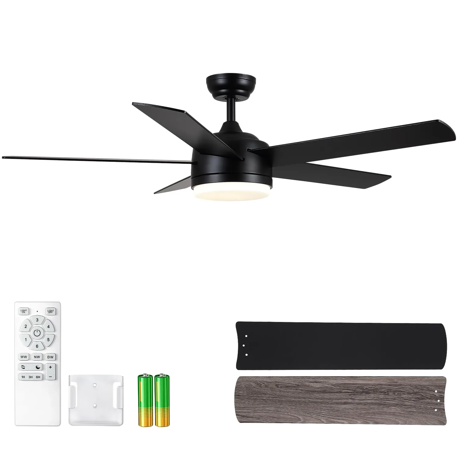 YUHAO 52-Inch Black Ceiling Fan with Light and Remote