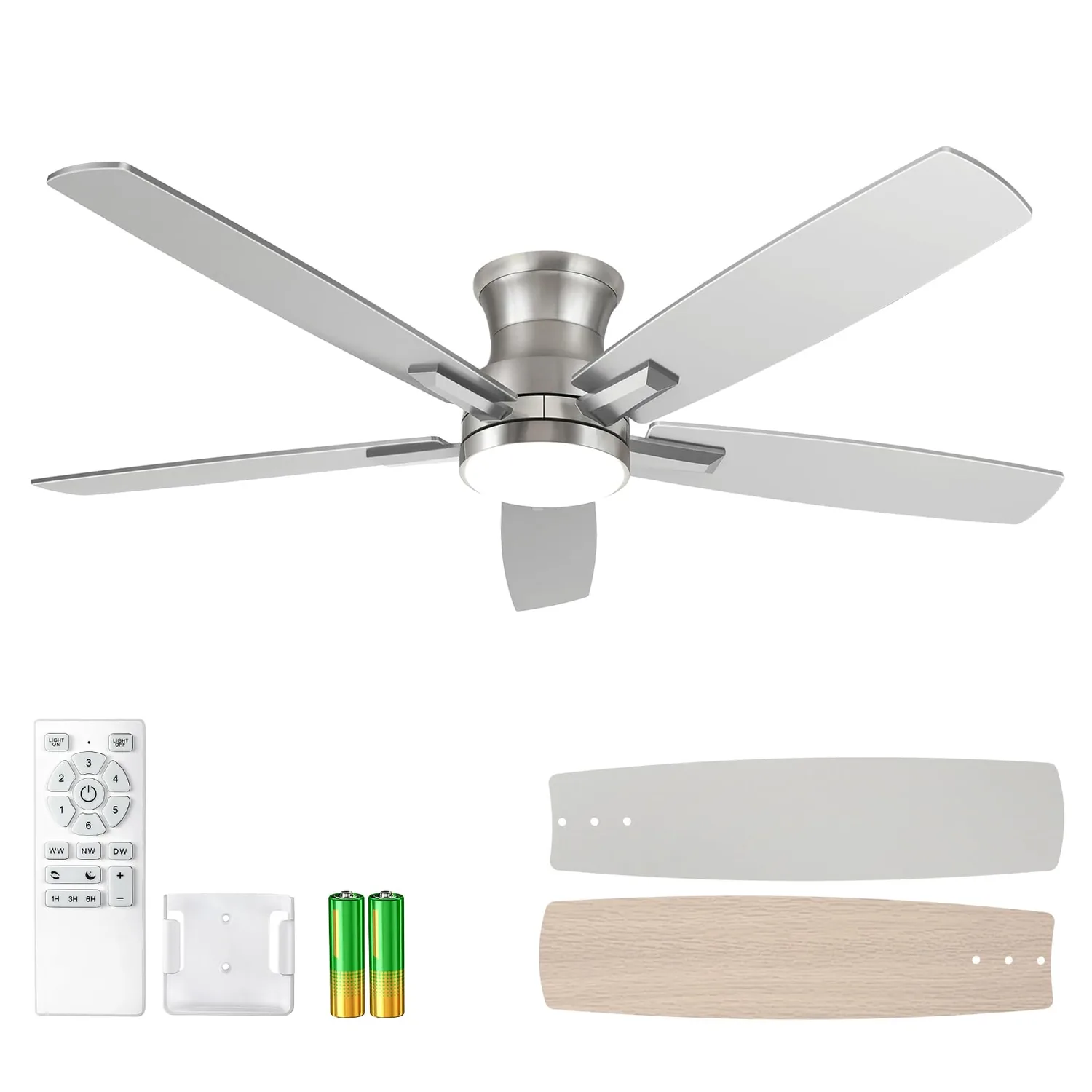 YUHAO 52-Inch Flush Mount Brushed Nickel Ceiling Fan with Light