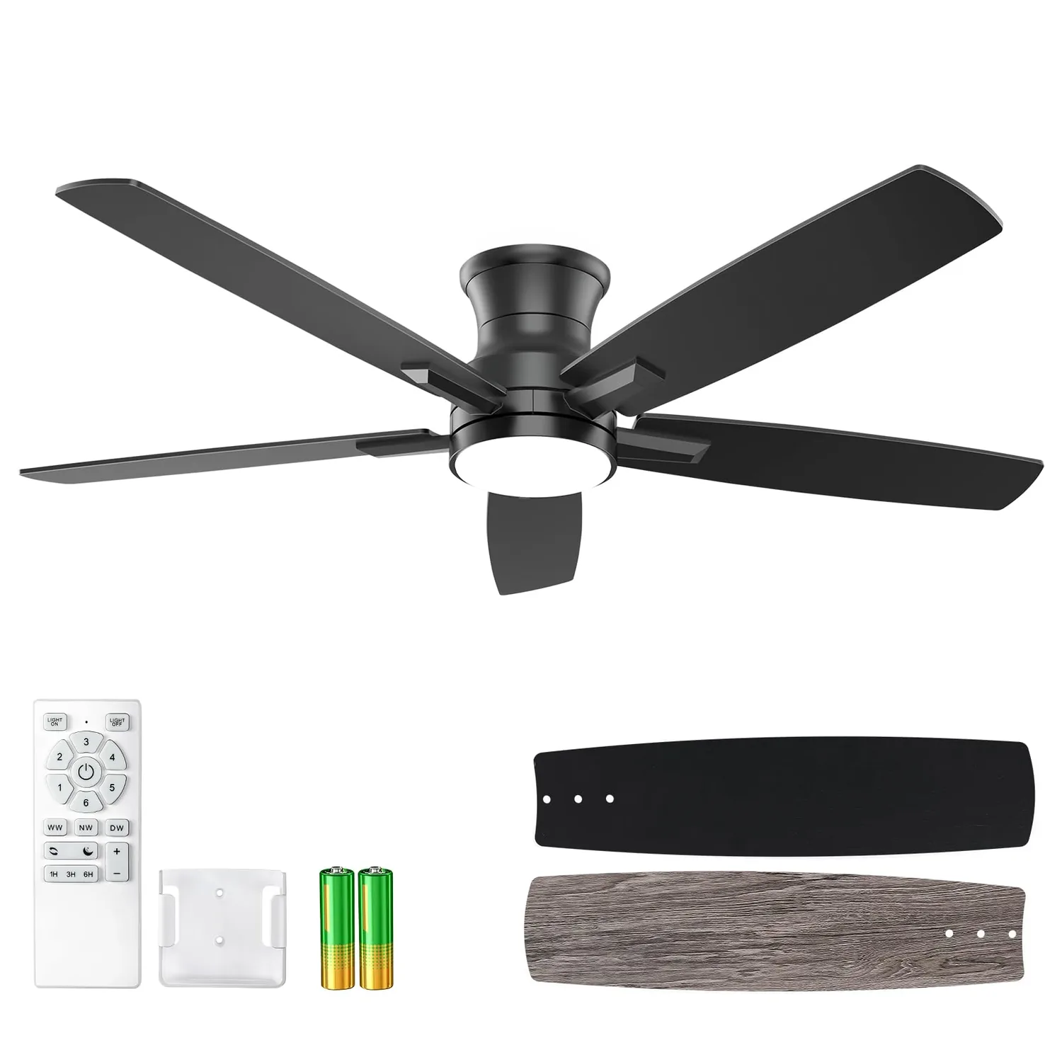 YUHAO 52-Inch Flush Mount Black Ceiling Fan with Light
