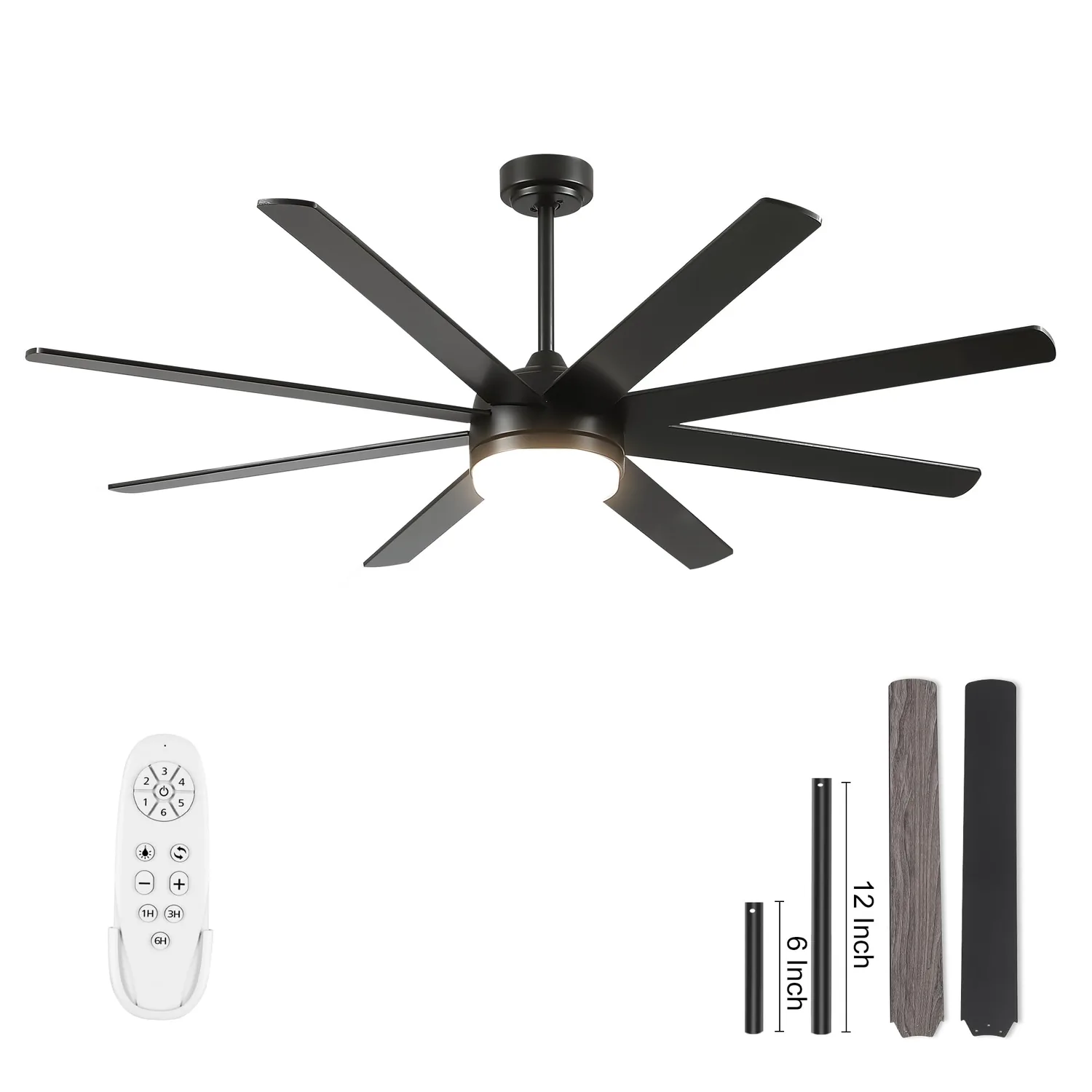 YUHAO 62-Inch Black 8-Blade Ceiling Fan with Light and Remote